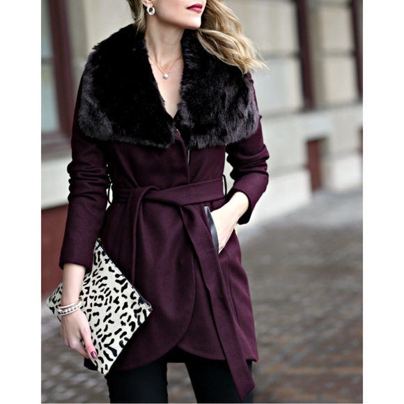 French Connection Jackets & Blazers - FRENCH CONNECTION Burgundy Eggplant Zip & Belted Wool Coat w/ Faux Fur Coat Sz M
